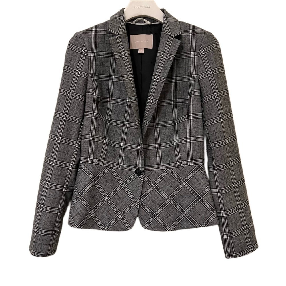 Banana Republic Peplum Blazer Jacket Womens 6 Gray Plaid Wool Blend
